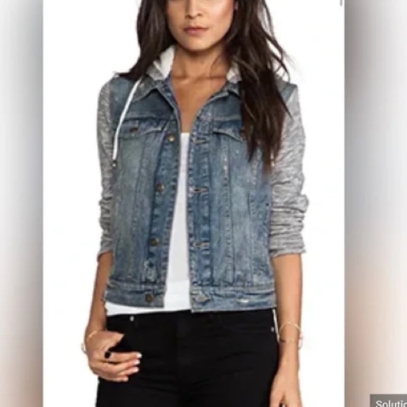 Free People Distressed Denim Jacket with Attached Knit Sleeves and Hood -s/p​​ - Picture 1 of 11